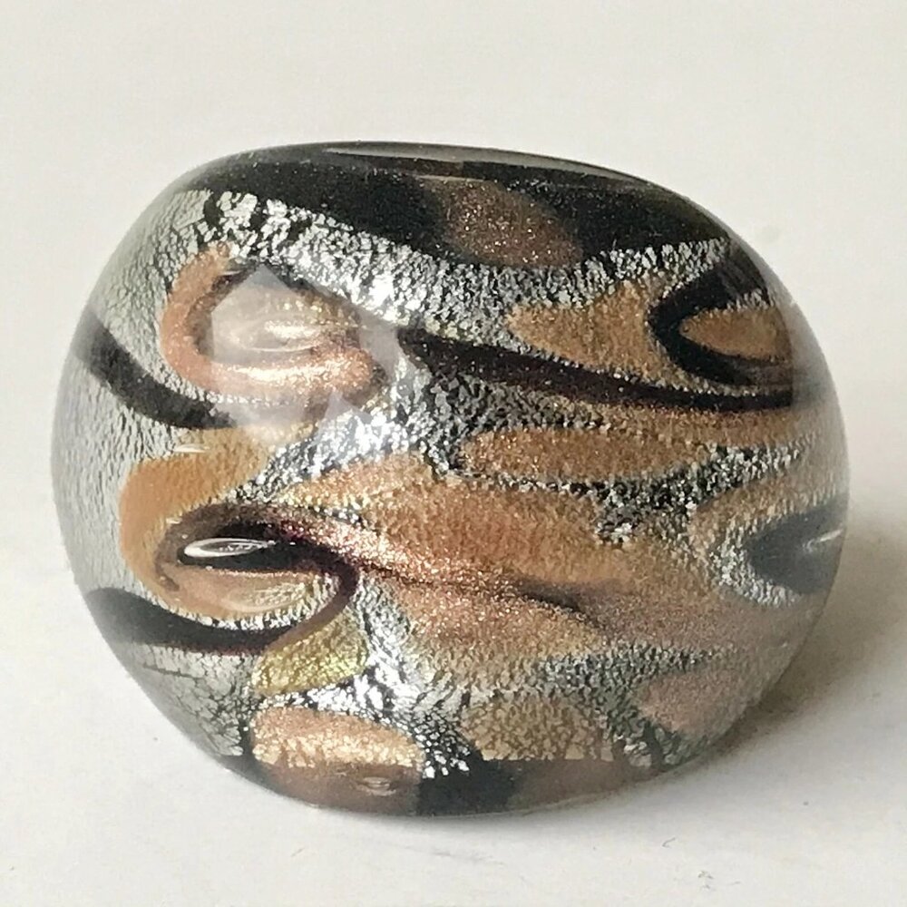 Vintage Murano Art Glass Dome Cocktail Ring Size 7 Black Copper Silver Metallic